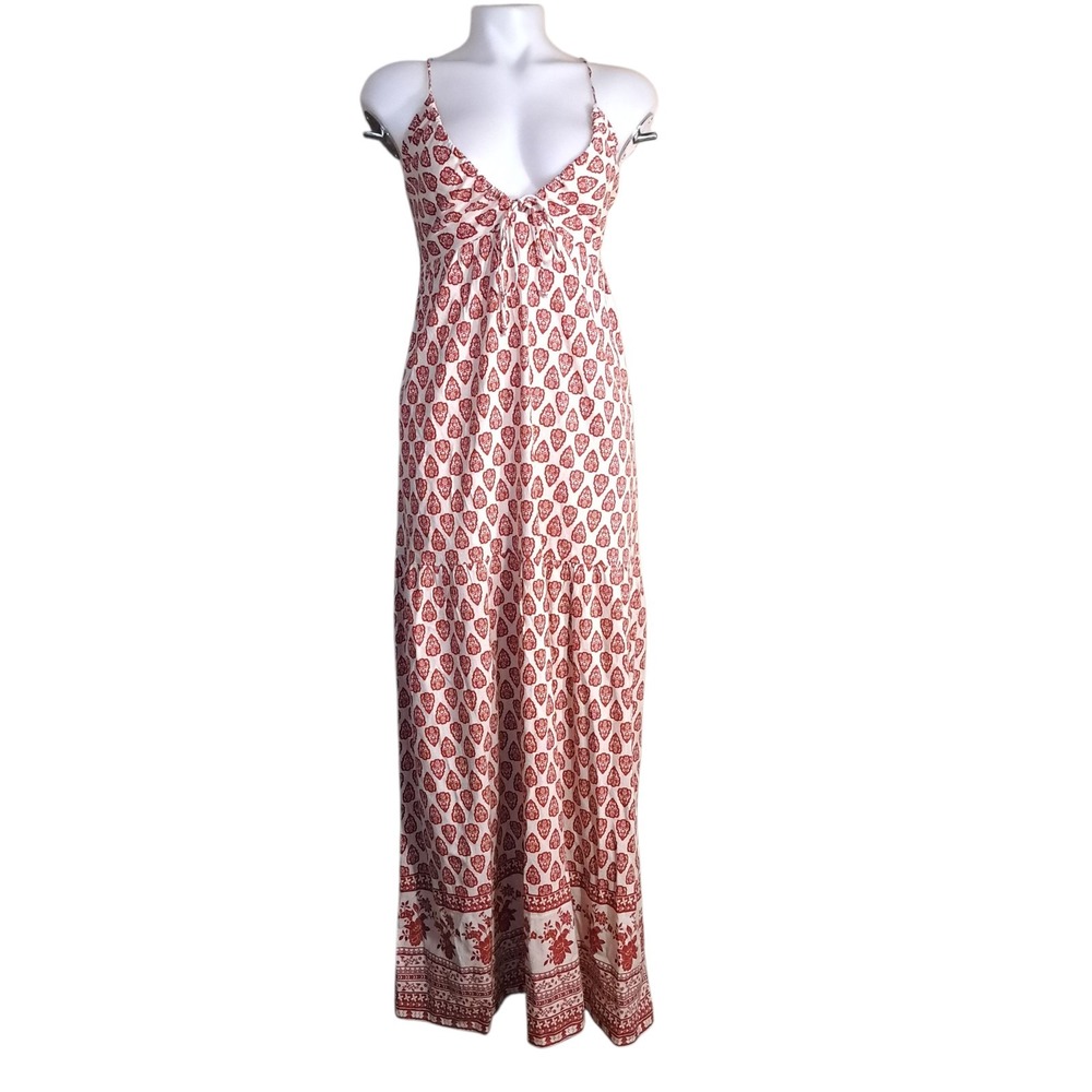 Sim & Sam Maxi Ruffle Dress Burgundy/Beige XS Sleeveless Spaghetti Strap Summer